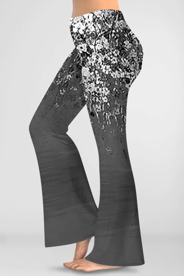 Women'sPlus Size Casual Black Floral Print Hight Waist Bell Bottom Pants