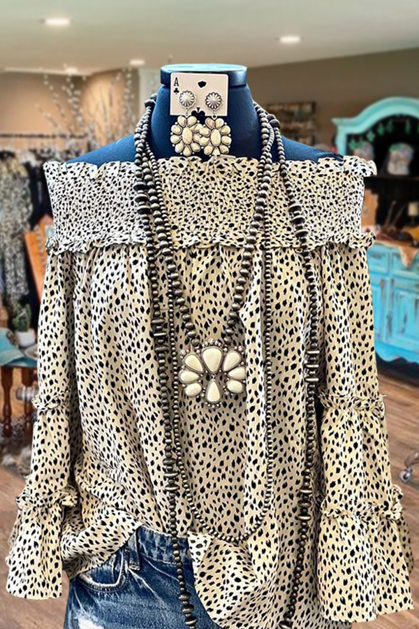 Dot Print Off Shoulder Ruffle Long Sleeve Blouse