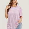 Floral Embroidered Ruffle Sleeve Keyhole Round Neck T-shirt