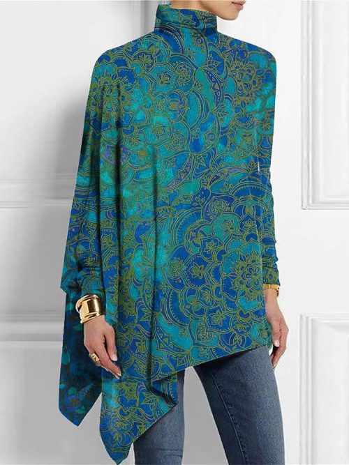 Paisley Green-Blue Ombre Mock Neck Top