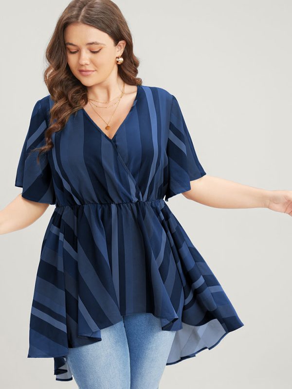 Striped Contrast Wrap Ruffles High Low Hem Blouse