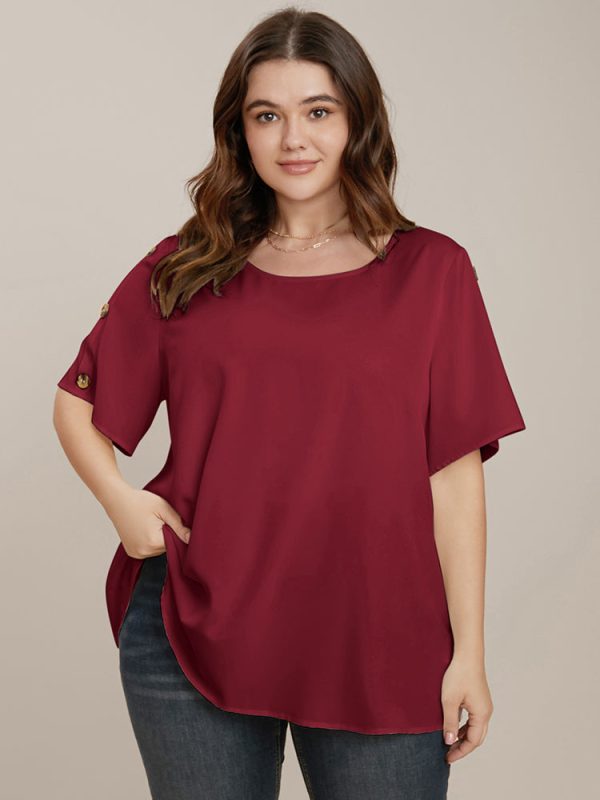 Plain Round Neck Button Detail Blouse