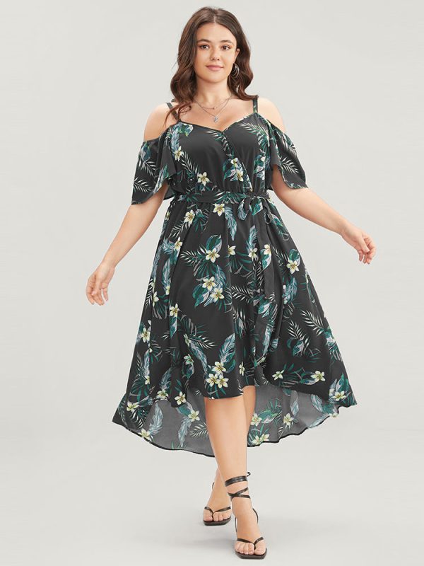 Floral Cold Shoulder Pocket Ruffle Belted High Low Hem Dress