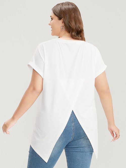 Solid Round Neck Crossover Back T-shirt