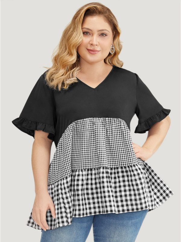 Gingham Patchwork Ruffle Sleeve Tiered Hem Blouse