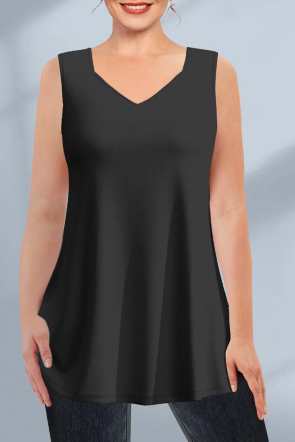 Women'sPlus Size Casual Black V Neck Tunic Tank Top