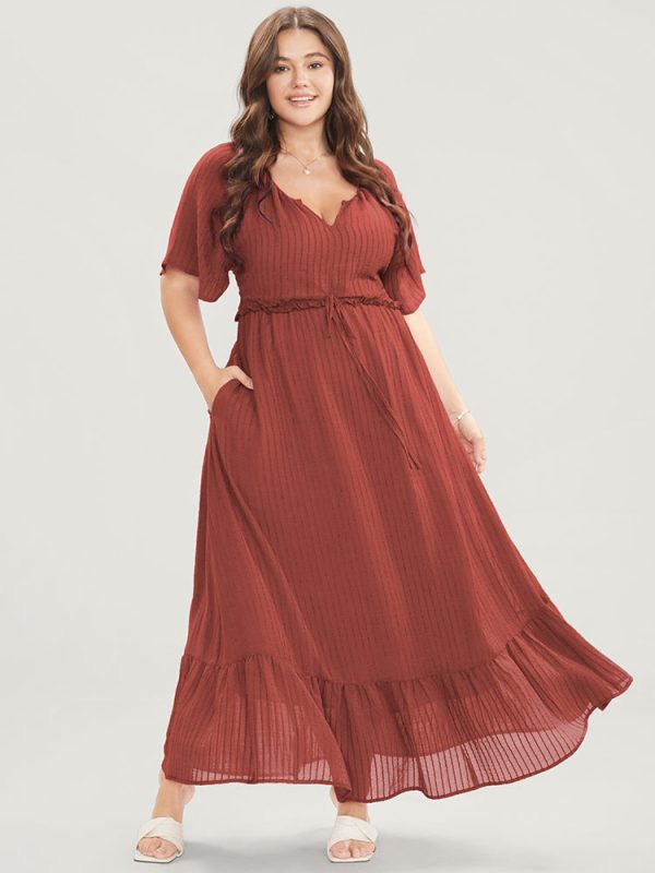 Solid Striped Notched Ties Up Pocket Flutter Maxi Dress