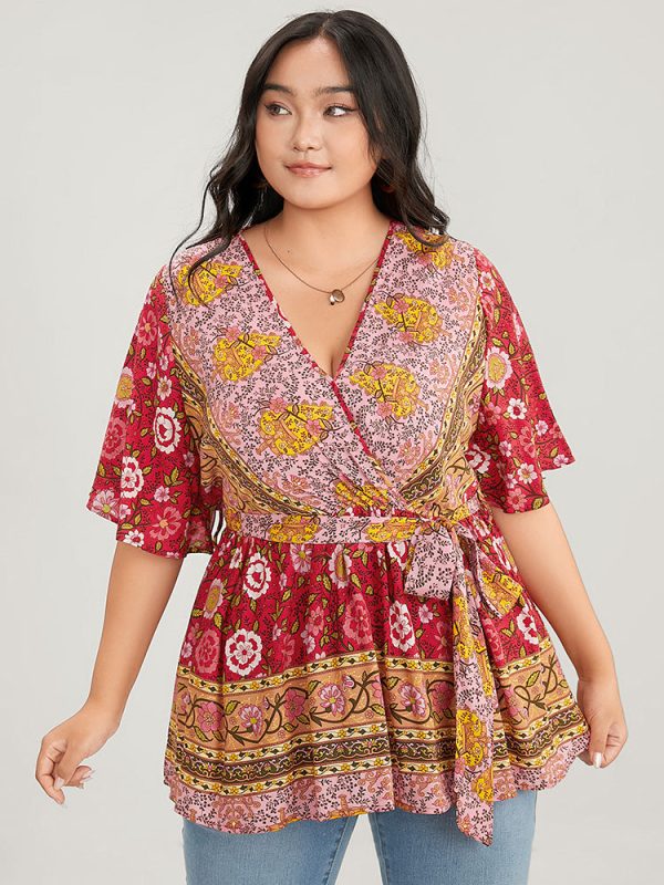 Floral Print Ruffles Belted Wrap Blouse