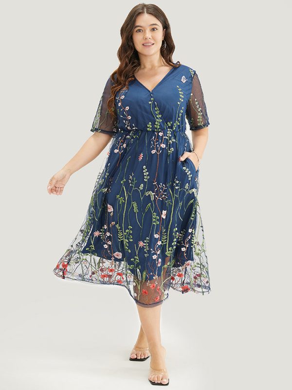Floral Embroidered Pocket Mesh Elastic Waist Surplice Neck  Dress