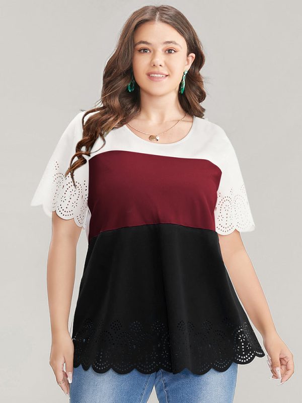 Colorblock Contrast Scalloped Trim Laser Cut Crew Neck T-shirt