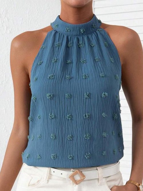 Blue Plain Sleeveless Halter Top