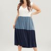 Colorblock Contrast Sleeveless Pocket Ruffle Hem Tank Dress