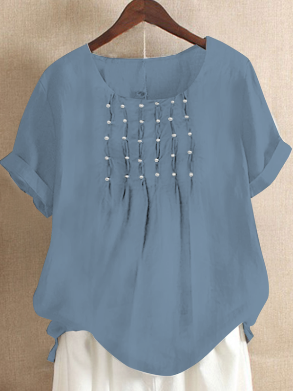 Women Causal Ruched Crew Neck Cotton And Linen Short Sleeve Summer Plain T-shirt