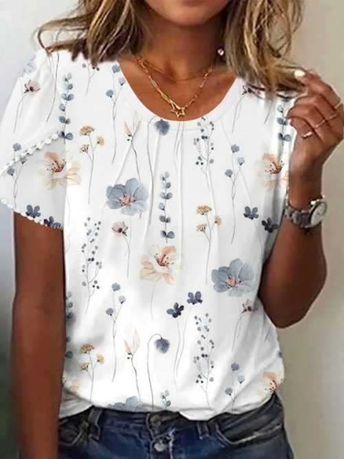Unique Plant Print Round Neck Top