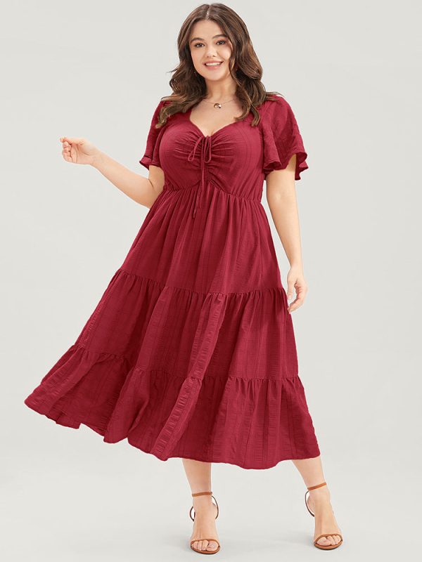 Plain Ruched Drawstring Pocket Ruffle Tiered Dress