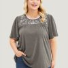Floral Embroidered Ruffle Sleeve Keyhole Round Neck T-shirt