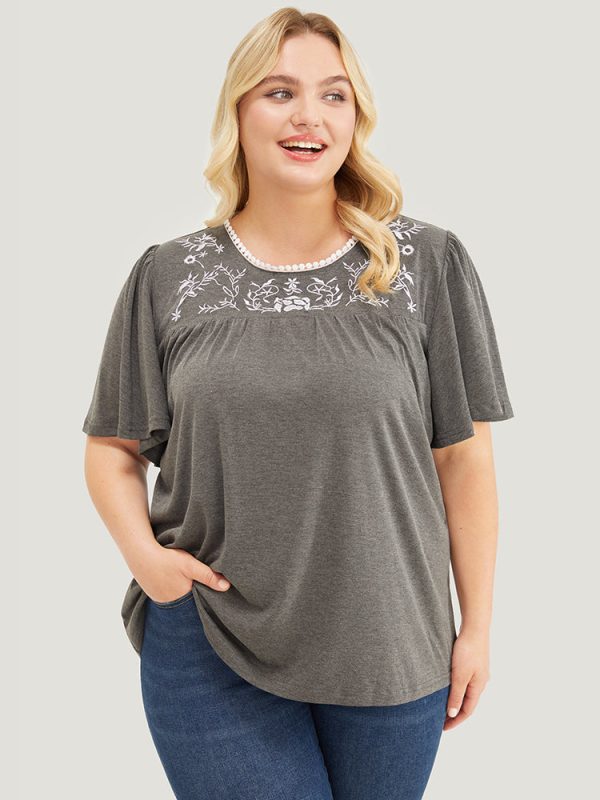 Floral Embroidered Ruffle Sleeve Keyhole Round Neck T-shirt