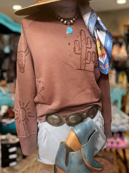 Western Graphic Print Long Sleeve Sweatshirt