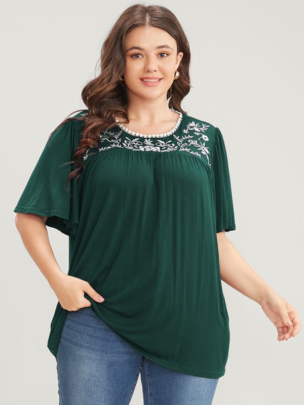 Floral Embroidered Ruffle Sleeve Keyhole Round Neck T-shirt