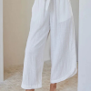 Womens Wide Leg Linen Pants High Waisted Drawstring Flowy Crop Trousers with Pockets