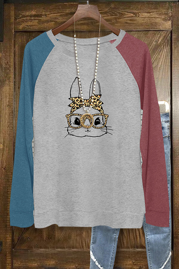 Colorblock Leopard Bunny Print Long Sleeve Top