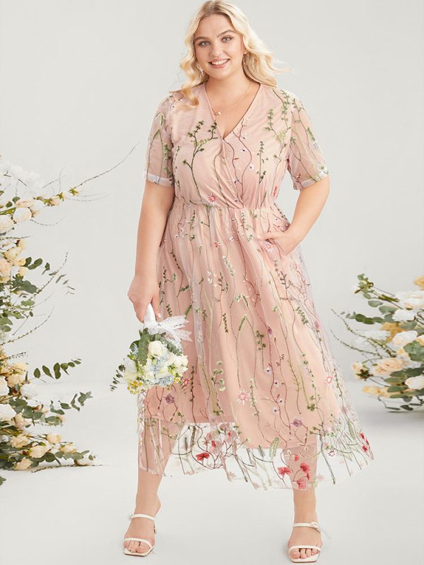 Floral Embroidered Pocket Mesh Elastic Waist Surplice Neck  Dress