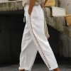 Loose Casual Hollow Out Lace Pockets Drawstring Waist Plain Linen Pants