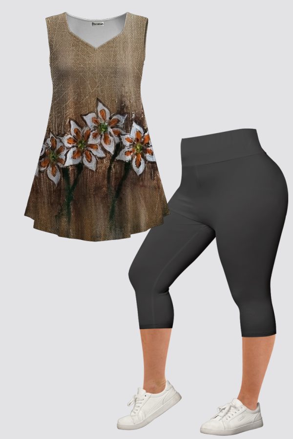 Women's Plus Size Casual Green Retro Floral Print Two Piece Pant Set