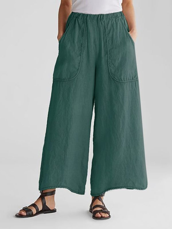 Casual Plain Pockets Linen Pants