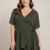 Plain Surplice Neck Tie Side Asymmetrical Hem T-shirt