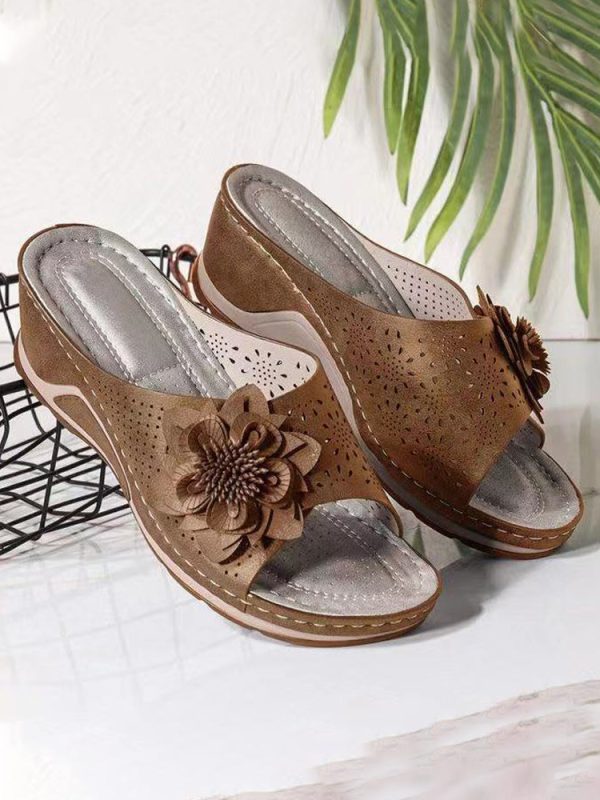 Women's Wedge Heel Fish Mouth Cutout Flower Casual Sandals