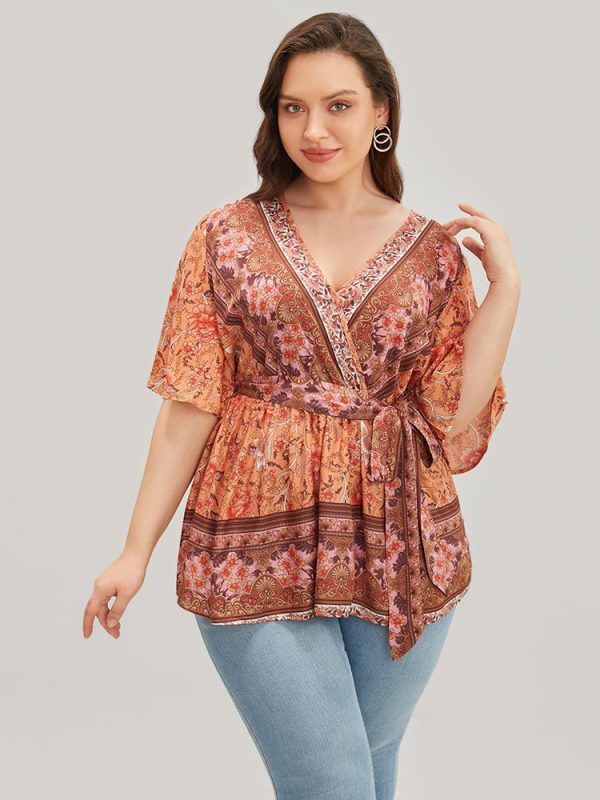 Floral Print Ruffles Belted Wrap Blouse