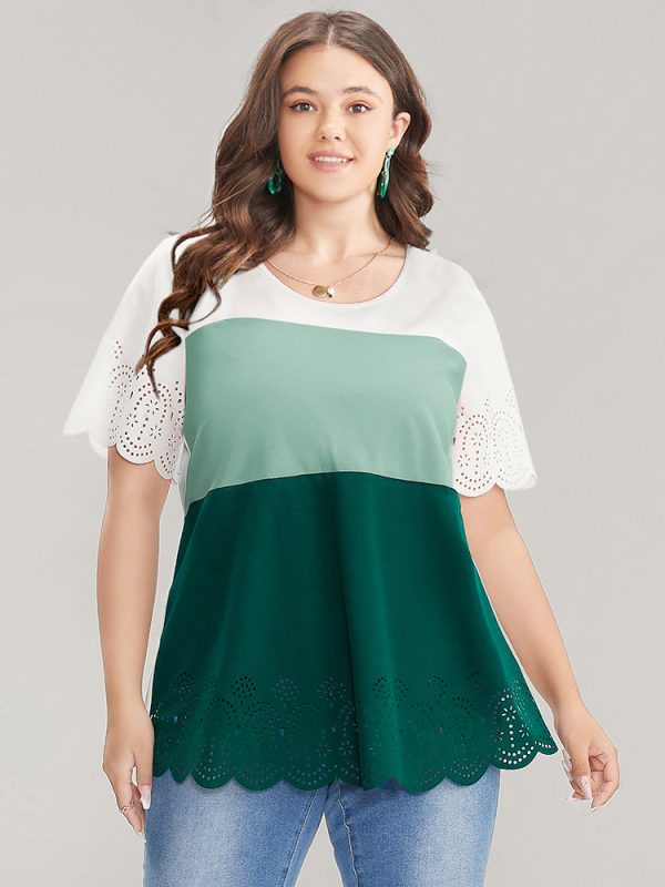 Colorblock Contrast Scalloped Trim Laser Cut Crew Neck T-shirt