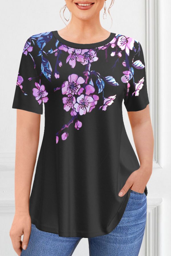 Women's Plus Size Casual Purple Ombre Plant Floral Print Two Piece Pant Set