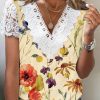 Women's Short Sleeve V Neck Lace Floral Printed Fashion Casual Top