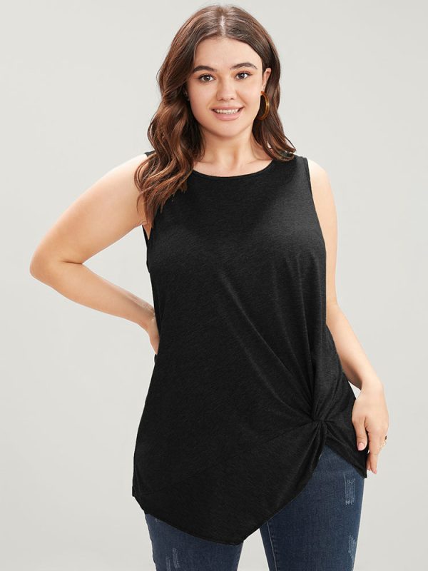 Solid Twist Front Sleeveless Round Neck Tank Top
