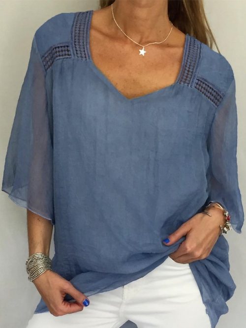Women Plain Sweetheart Neckline Three Quarter Sleeve Loose Tunic Top