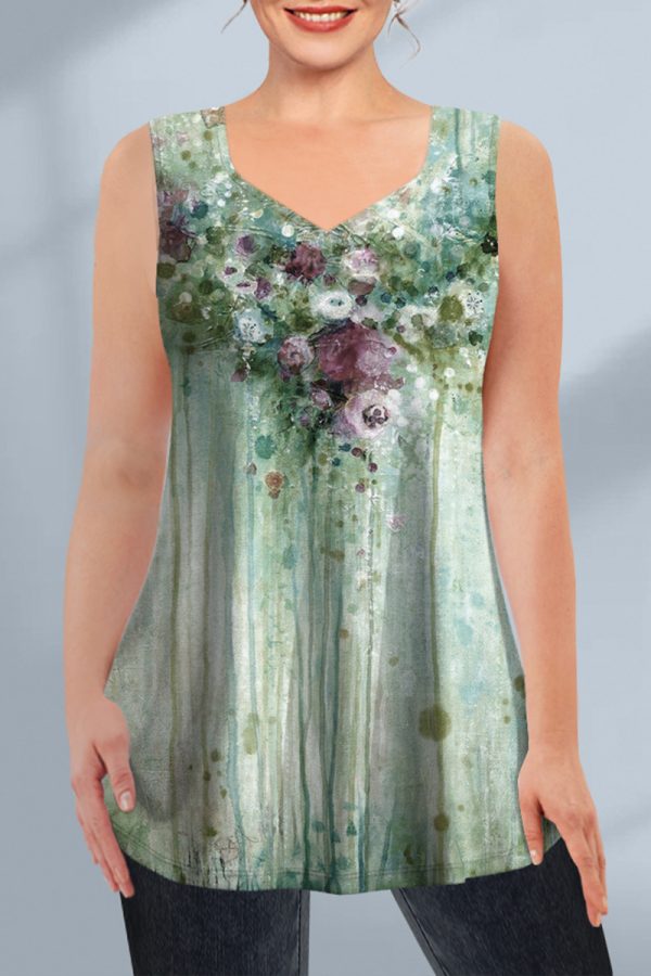 Women's Plus Size Casual Green Retro Floral Print Two Piece Pant Set