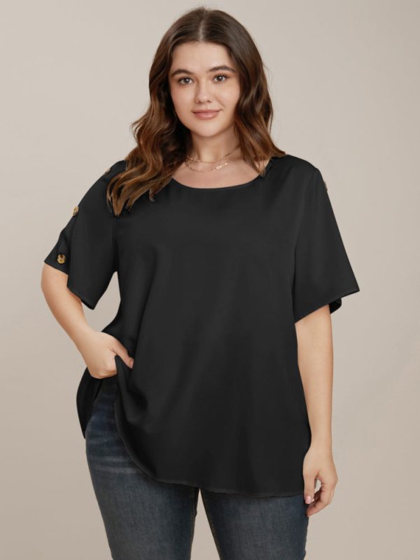 Plain Round Neck Button Detail Blouse