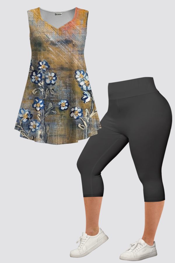 Women's Plus Size Casual Green Retro Floral Print Two Piece Pant Set