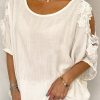 Women Elegant Lace Stitching Split Joint Linen Loose Crew Neck Tunic Top