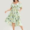 Floral Cold Shoulder Pocket Ruffle Belted High Low Hem Dress