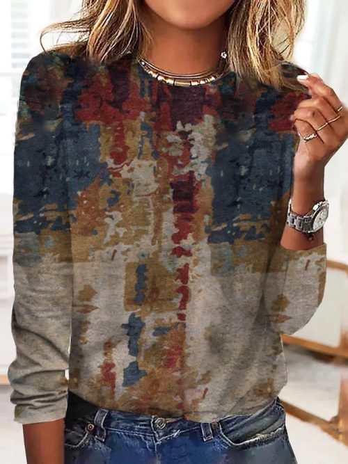 Retro Round Neck Long Sleeve Top