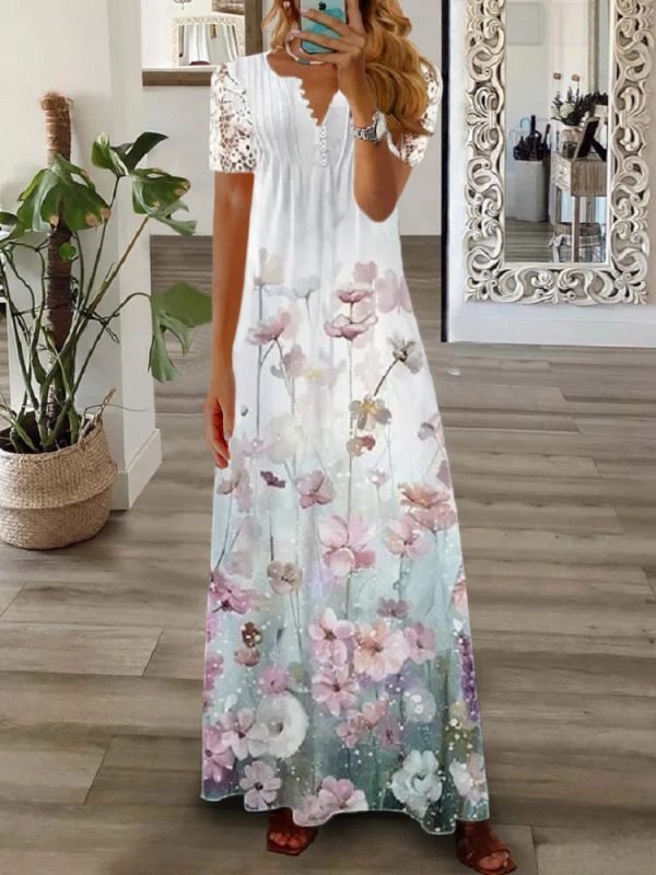 Women's Floral Printed Short Sleeve V-neck Maxi Dress