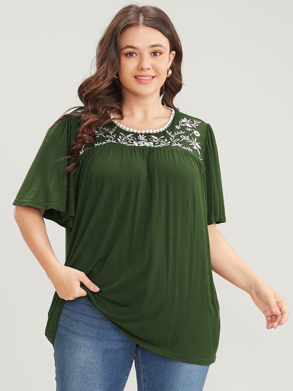 Floral Embroidered Ruffle Sleeve Keyhole Round Neck T-shirt