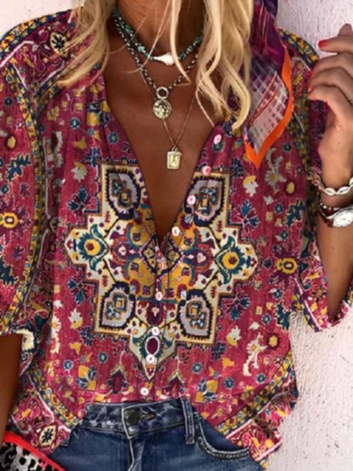 Rose Red 3/4 Sleeve Print Top