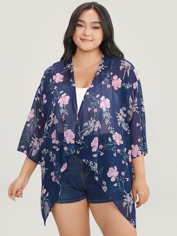 Floral Print Asymmetrical Hem Open Front Cover Up
