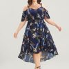 Floral Cold Shoulder Pocket Ruffle Belted High Low Hem Dress