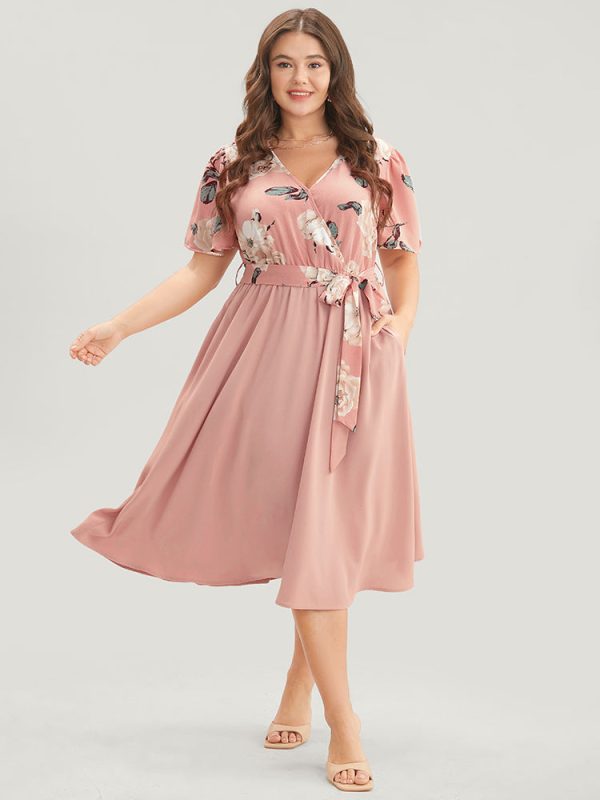 Floral Printed Pocket Ruffles Surplice Neck Belted Midi Dress
