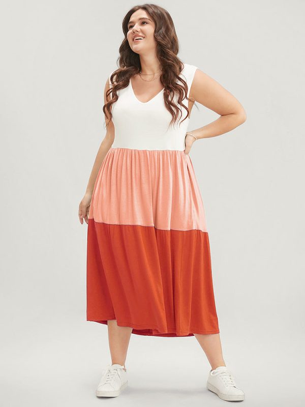 Colorblock Contrast Sleeveless Pocket Ruffle Hem Tank Dress